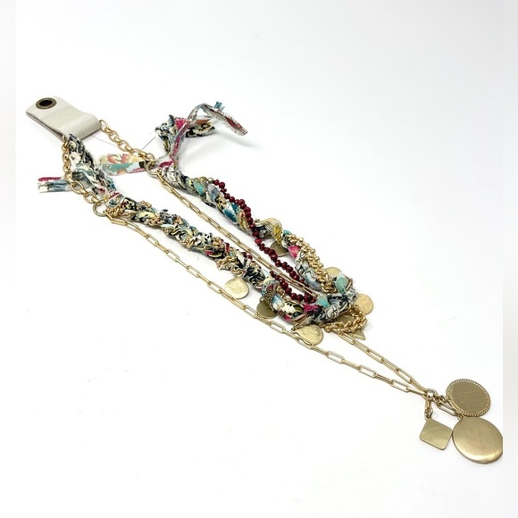 New Anthropologie Aspen Stone Layered Necklace Gold Charm Textile - Picture 3 of 9
